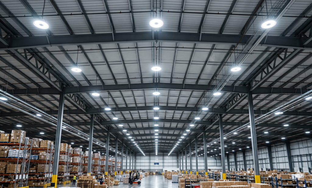 Lampu LED highbay industri memancarkan cahaya putih terang di langit-langit gudang.