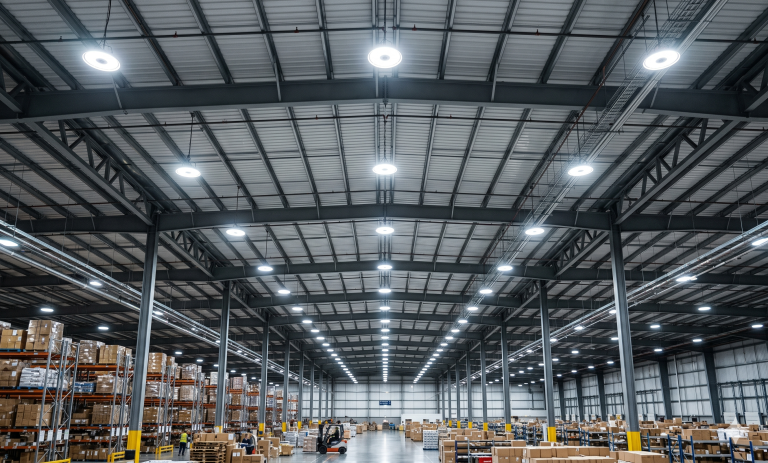 Lampu LED highbay industri memancarkan cahaya putih terang di langit-langit gudang.